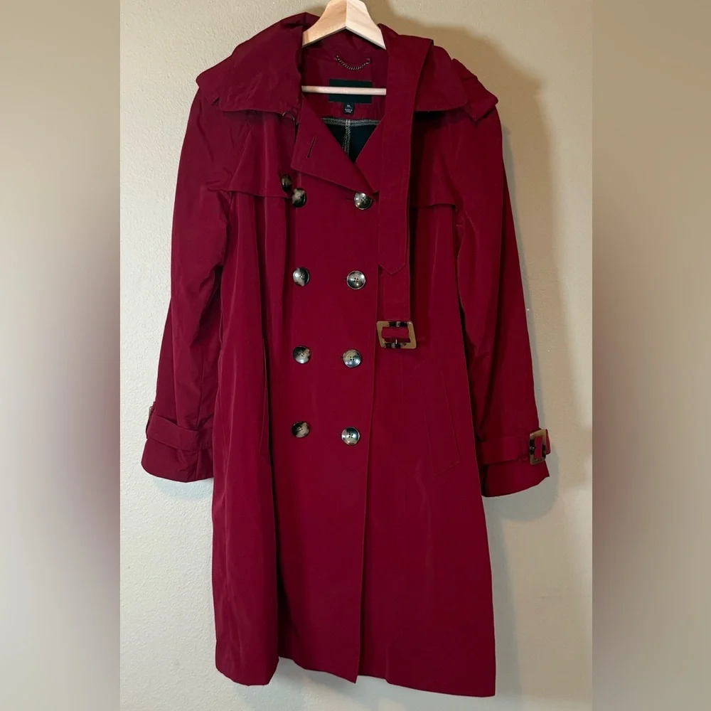 London Fog Burgundy Double-Breasted Hooded Lined Trench Coat Size XL
